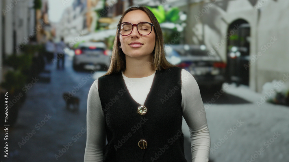Fototapeta premium Young woman with glasses smiling on urban street background reflecting calm and relaxation during daytime.