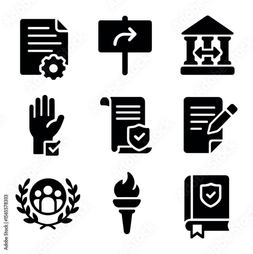 Legal Reform Icons. Solid, filled icons set of legal reform: reform bill, protest banner, court change icon,