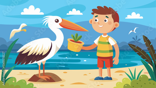 Cartoon boy holding a plant pot near a pelican on a sunny beach with ocean, clouds and seagulls in the background
