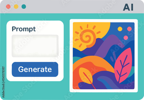 Flat vector AI art generation interface with prompt box and colorful output, creative tech trend, isolated on white