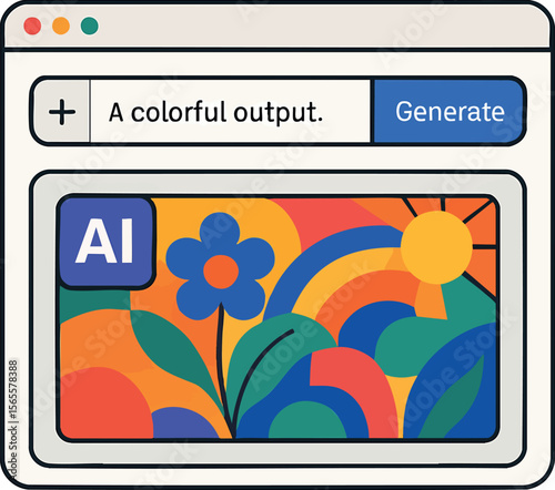 Flat vector AI art generation interface with prompt box and colorful output, creative tech trend, isolated on white