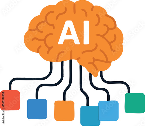 Flat vector AI brain with cables reaching to various apps, smart integration metaphor, isolated on white