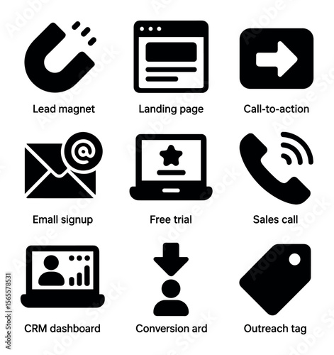 Customer Acquisition Icons. Solid, filled icons set of early customer acquisition: lead magnet, landing page,