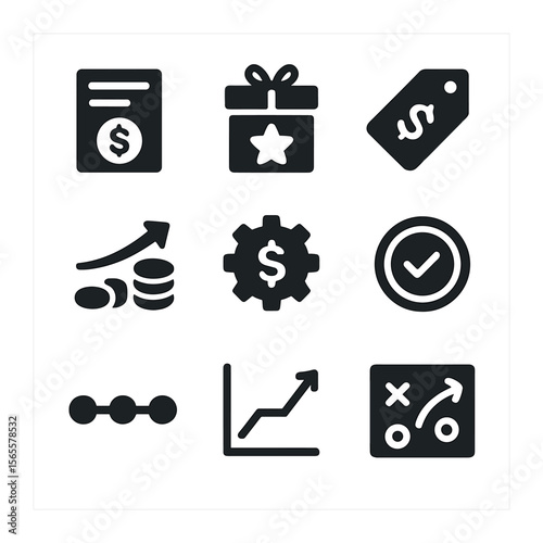 Business Model Icons. Solid, filled icons set of business model: pricing card, freemium plan, subscription tag