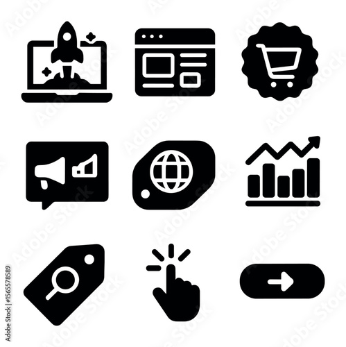 Digital Launch Icon Set. Solid, filled icons set of online business launch: laptop screen, website icon,
