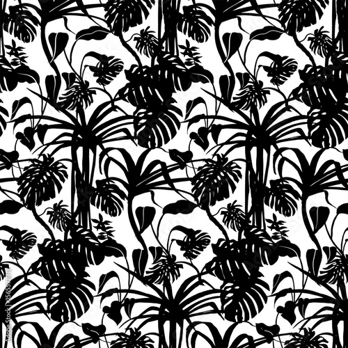 Seamless pattern with monochrome tropical silhouettes of monstera and palm trees. Botanical jungle in vector for men's and women's textiles