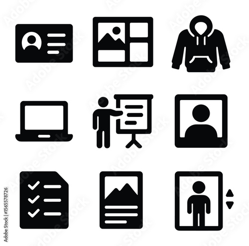 Founder Essentials Icons. Solid, filled icons set of founder essentials: business card, vision board, startup