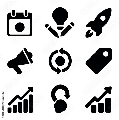 Business Launch Icons. Solid, filled icons set of business launch timeline: start date, planning phase, design