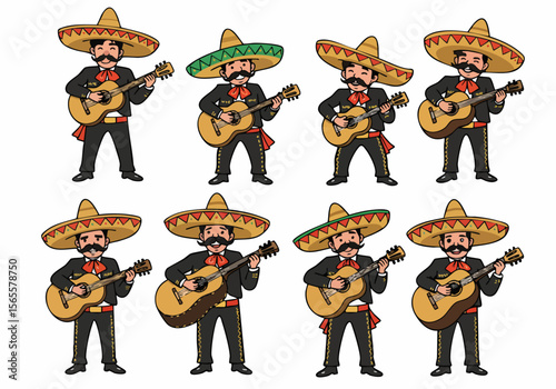 Seamless pattern with cartoon mariachi musicians playing guitars. Multiple happy Mexican performers in traditional costumes and sombreros.