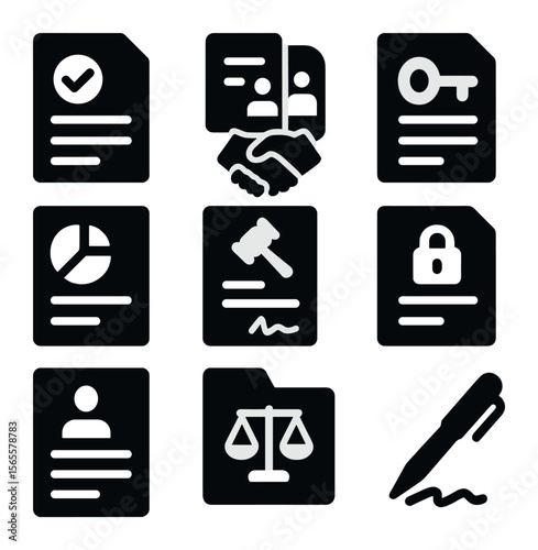 Startup Legal Icons. Solid, filled icons set of startup legal setup: incorporation doc, founder agreement, IP