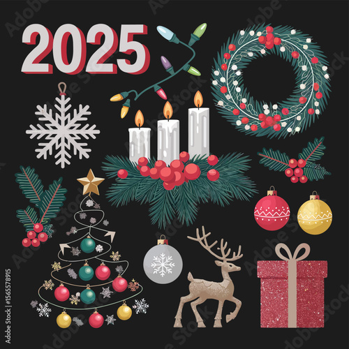 vector Happy New Year Celebrating 2025 in Latin letters , Christmas Decoration Items Santa Claus
