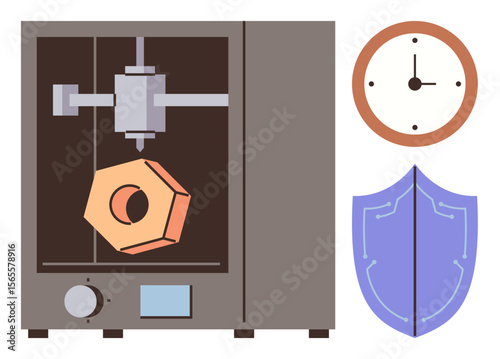 3D printer crafting a geometric shape, accompanied by a clock symbolizing time and a shield representing security. Ideal for innovation, technology, manufacturing, precision, efficiency, protection