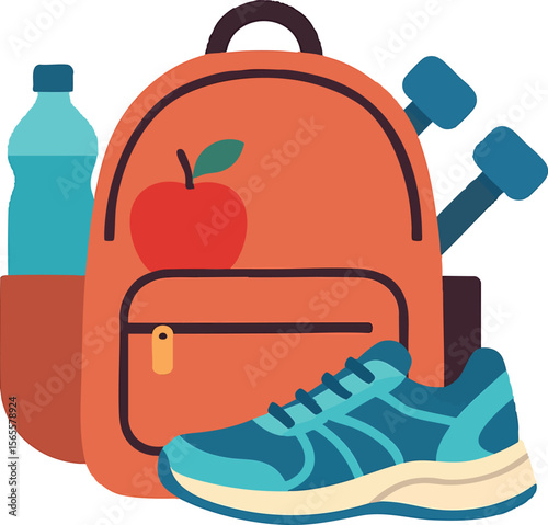 Flat vector backpack packed for active weekend: water, fruit, weights, running shoes, healthy lifestyle, isolated on white