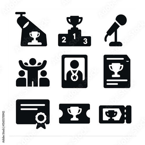 Prize Ceremony Icons. Solid, filled icons set of prize ceremonies: stage spotlight, award podium, presenter