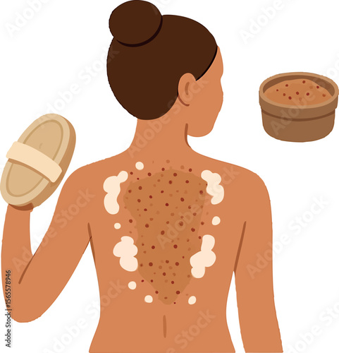 Flat vector back exfoliation scene with loofah and natural scrub, clean skin care, isolated on white