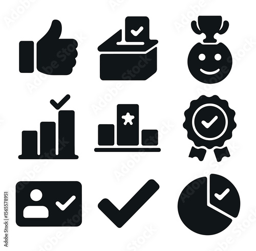 Voting Icons Grid. Solid, filled icons set of user voting winners: thumbs up, voting ballot, winner emoji,