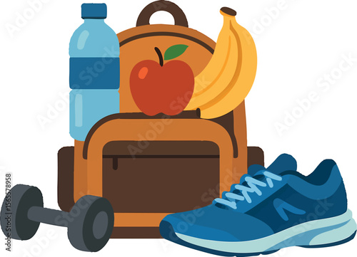 Flat vector backpack packed for active weekend: water, fruit, weights, running shoes, healthy lifestyle, isolated on white