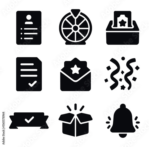 Sweepstakes Icons Set. Solid, filled icons set of sweepstakes: entry form, prize wheel, lucky draw, rules