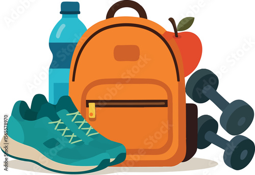 Flat vector backpack packed for active weekend: water, fruit, weights, running shoes, healthy lifestyle, isolated on white