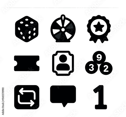 Random Selection Icons. Solid, filled icons set of random winner selection: dice icon, spinning wheel,