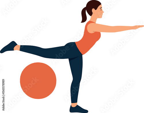 Flat vector balance exercise on one leg with stability ball behind, posture improvement, isolated on white