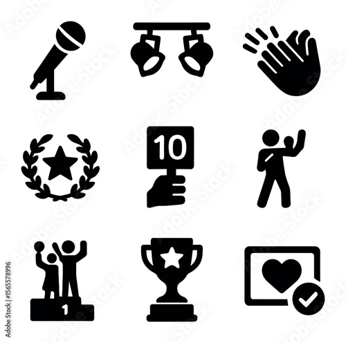 Talent Show Icon Set. Solid, filled icons set of talent show awards: microphone icon, stage lights, applause