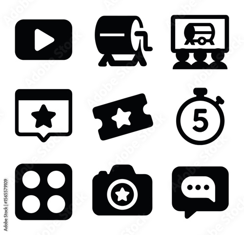 Live Event Icons. Solid, filled icons set of live draw events: live stream badge, drum spin, audience screen,