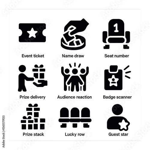 Event Raffle Icons. Solid, filled icons set of event raffle winners: event ticket, name draw, seat number,