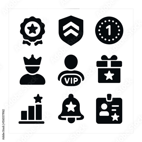 Loyalty Program Icons. Solid, filled icons set of loyalty program winners: star badge, loyalty level,