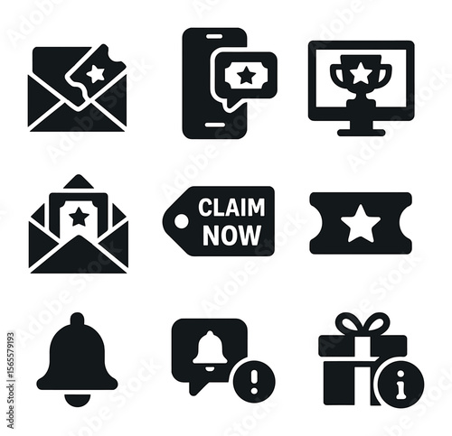 Sweepstake Notification Icons. Solid, filled icons set of sweepstake notifications: email icon, mobile alert,