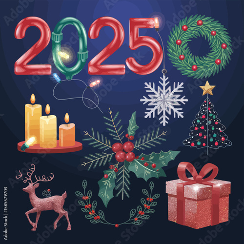 vector Happy New Year Celebrating 2025 in Latin letters , Christmas Decoration Items Santa Claus
