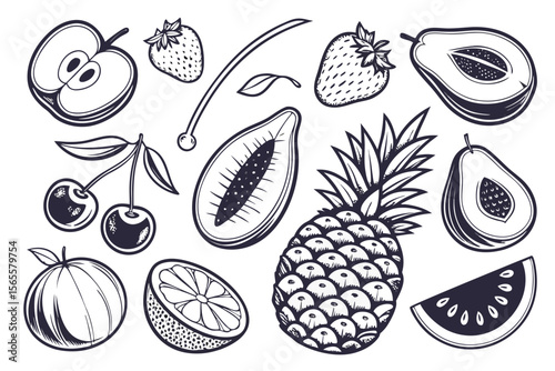 A vibrant vector illustration set of fresh fruits and berries, including apple, strawberry, pineapple, cherry, banana, lemon, pear, orange, and peach icons