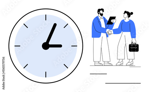Large analog clock alongside two professionals shaking hands, one holding a clipboard, signifying agreement or partnership. Ideal for time management, teamwork, professionalism, success, punctuality
