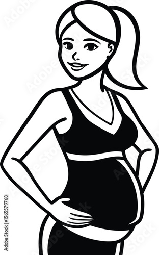 Expectant mother in side profile, hands on hips, her round belly prominent