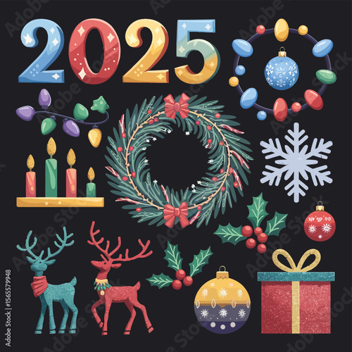 vector Happy New Year Celebrating 2025 in Latin letters , Christmas Decoration Items Santa Claus
