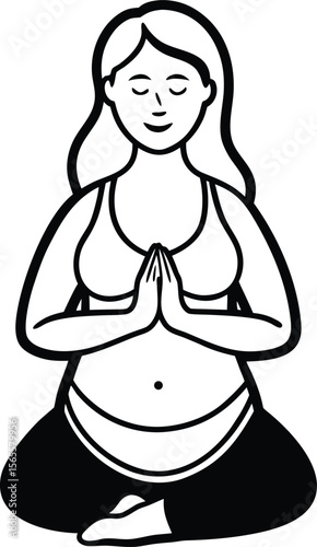 A young woman grounds herself in cross-legged yoga meditation with hands pressed in prayer
