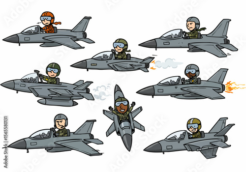 Cartoon Fighter Jets with Diverse Pilots Set. Fun illustration featuring various military aircraft and cheerful, angry, and excited pilots flying in the sky.