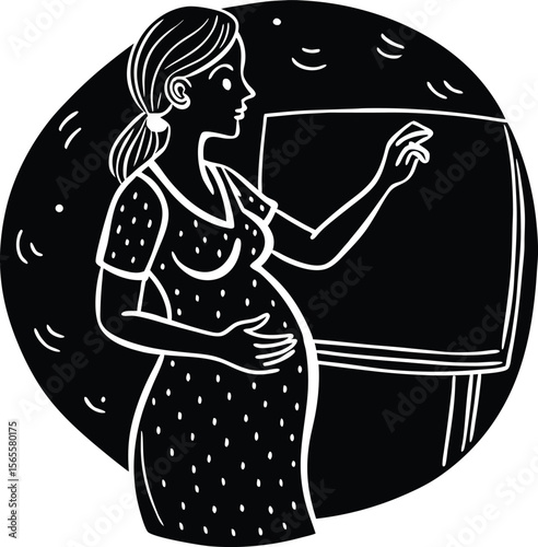 A pregnant teacher gently cradles her belly as she writes a lesson on the classroom chalkboard