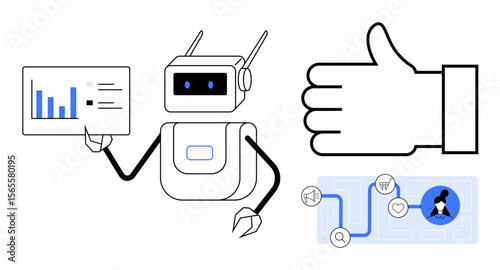 Robot holding a data chart, large hand showing approval, and workflow icons including shopping, people, and metrics. Ideal for automation, analytics, optimization, decision-making and a simple