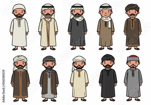Cartoon illustrations of diverse Middle Eastern and Arab men wearing traditional clothing, showcasing various styles of thobes, headscarves, and turbans in a simple flat design.