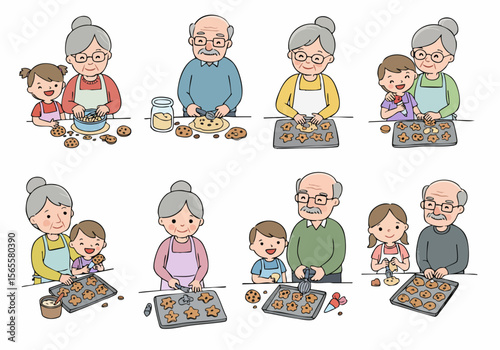 Cartoon illustration set showing grandparents and grandchildren baking cookies together, depicting various steps from mixing dough to decorating and eating the finished treats.
