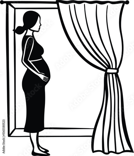 A Pregnant Woman in a Window Frame Lost in Quiet Anticipation