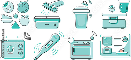 Vector art of smart kitchen icons isolated on transparent background.