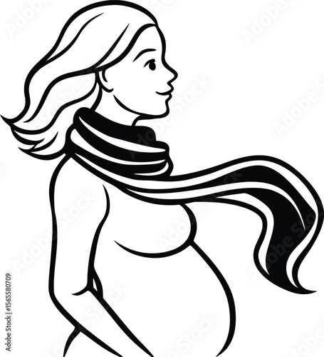 Expecting Mother Line Art Illustration of Pregnant Woman