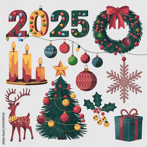 vector Happy New Year Celebrating 2025 in Latin letters , Christmas Decoration Items Santa Claus

