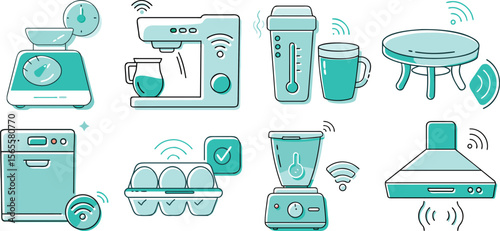 Vector art of smart kitchen appliances icons isolated on transparent background.