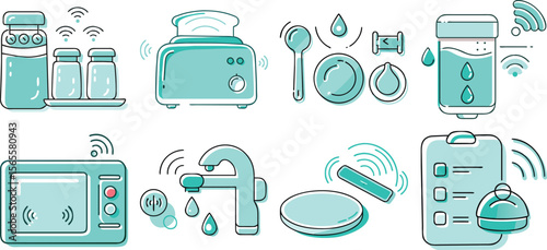 Vector art of smart kitchen appliances icons isolated on transparent background.