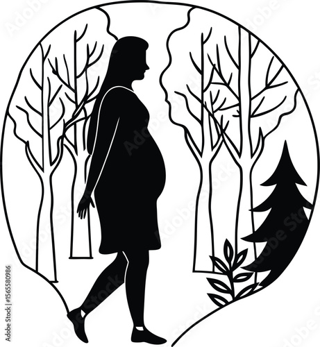 Pregnant Woman Walking in a Winter Forest Silhouette