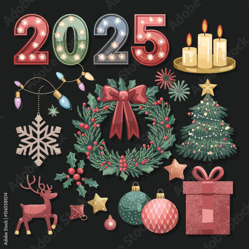 vector Happy New Year Celebrating 2025 in Latin letters , Christmas Decoration Items Santa Claus
