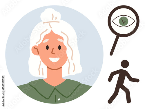Smiling woman with white hair in green shirt, magnifying glass with eye symbol, and walking figure. Ideal for analysis, focus, observation, discovery, individuality self-awareness research. Simple